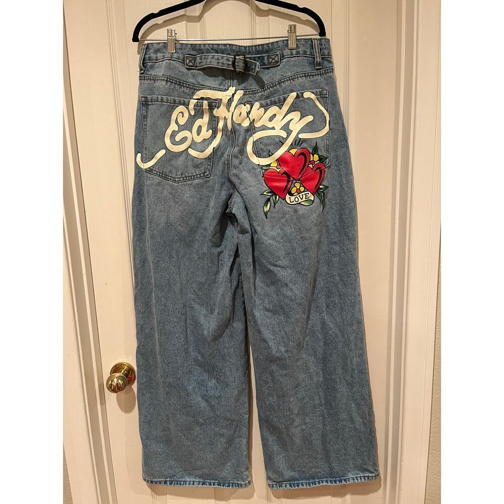 Ed Hardy Baggy Loose Fit Retro Light Jeans Dagger Hearts Embroidered Spellout 32 - Picture 4 of 13